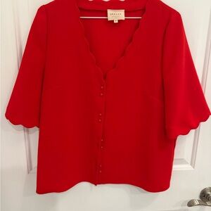 Sézane Red Scalloped Button-Up Top